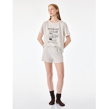 Koton Baskılı Kısa Kollu Bisiklet Yaka Pamuklu Şortlu Pijama Takımı Bej Melanj 7wlk40265mk