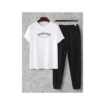Medinenur Newyork Baskılı T-shirt Eşofman Altı Jogger Rahat Kalıp Siyah Eşofman Takım Beyaz