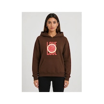 Herkesemoda Portakal Dilimi Baskılı Kapüşonlu 2 İplik Şardonlu Sweatshirt Kahverengi