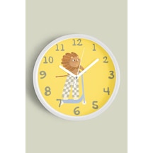 Kaykay Yapan Aslan Çocuk Odası Modern Duvar Saati - 35cm - Önü Camlı Beyaz Kasa - Sessiz Mekanizma Beyaz
