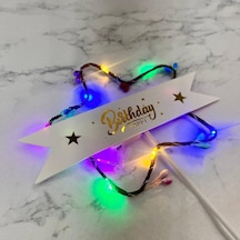 Lüks Pasta Üstü Çubuklu Happy Bırthday Yıldız Desenli Cipsolu Işıklı 21 Cm