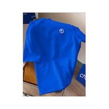 Medinenur Göğüs Baskılı Basic T-shirt Mavi