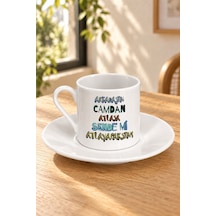Sende Mi Atlayacaksın Baskılı Tabaklı Türk Kahvesi Fincanı Beyaz