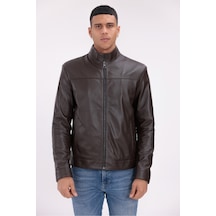 M M Marki Marki Hakiki Deri Erkek Ceket Kahverengi Dik Yaka Fermuarlı Punto Dikişli 68 Cm Regular Fit - 504922