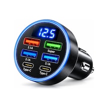 6 Portlu Araç Şarj Cihazı 4 Usb + 2 Type-c, Led Akü Voltaj Göstergeli, 3.1a Çoklu Şarj Soketi, Oto Çakmaklık Usb Adaptörü