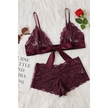 Ang Butik Kadın Bordo Dantelli & Kurdelalı Sütyen Külot Takımı