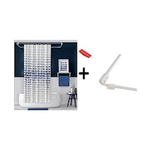 Banyo Perdesi Mavi 2x110x200, Perde Borusu Askı Aparatı Köşe Boru Beyaz Hediyeli, Duş Perdesi Seti Çok Renkli