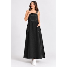 Bul-al Kadın Uzun Denim Jile Elbise Askılı Cepli Jean Elbise Siyah