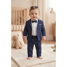 Baby Kids Colors Flamlı Keten Salaş Ceketli Takım Elbise/gömlek Pantolon Ceket Papyon Ay Grubu Zıbınlı Lacivert