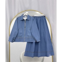 Lovie Moda Cep Detaylı Etekli Kot Takım Mavi