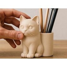 3d Baskı Kedi Figürlü Kalemlik - Masaüstü Organizer - Bej Çok Renkli