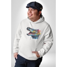 Timsah Renkli Kafası Kadın Erkek Beyaz Kapüşonlu Sweatshirt Hoodie Beyaz
