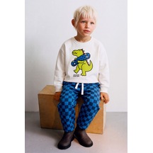 Magu Çocuk Pamuklu Dinozor Baskılı Sweatshirt Ve Mavi Dama Eşofman Takımı Çok Renkli