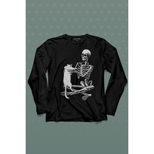 İskelet Ölünceye Kadar Kedi Seveceğim Skeleton Cat Love Uzun Kollu Tişört Baskılı T-shirt 001