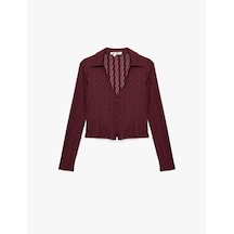 Koton Slim Fit Uzun Kollu Düğmeli Polo Yaka Ajurlu Tişört Bordo 7wal10022ık