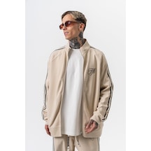 Respire Erkek 3'lü Şerit Detaylı Dik Yaka Doubleface Zip Oversize Sweatshirt Bej