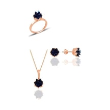 Gümüş Lotus Çiçeği Modeli Safir Renkli Taşlı Üçlü Set