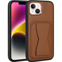 Apple Uyumlu iPhone 14 Plus Kartlıklı Standlı Pu Deri Hptk Memo Kılıf-kahverengi Kahverengi