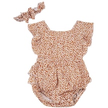 Çiçek Desenli Fırfırlı Çıtçıtlı Kız Bebek Slopet Elbise Kahverengi 001