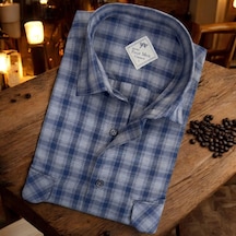 Linen Keten Klasik Kısa Kollu İki Cepli Kapaklı Mavi Baba Gömleği Regular Kalıp -10268 Mavi