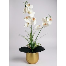 Yapay Çiçek Beyaz Islak Orkide Gold Metal Saksıda Saksıda Orkide 50cm