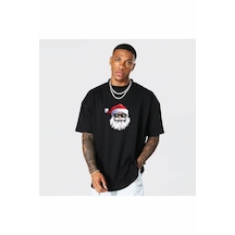 Modi Yılbaşı Gözlüklü Noel Baba Baskılı Kısa Kollu Oversize Bisiklet Yaka T-shirt - Siyah Açık Lacivert - Gri - Siyah