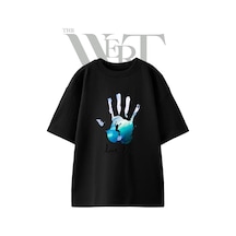 Thewert Surfer Handprint Tasarım Baskılı Ünisex Siyah Oversize T-shirt