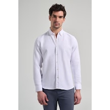 İmza Uzun Kol Desenli Armürlü Düğmeli Yaka Cepsiz Pamuklu Casual Slim Fit Gömlek 1004250206 Beyaz