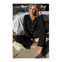Angbutik Premium Kadın Fitilli Pijama Takımı Siyah Gold Biye Detaylı, Yumuşak Dokulu Ev Şıklığı
