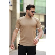 Erkek Bisiklet Yaka Çizgi Desenli Ribanalı Kısa Kollu Tshirt Altın