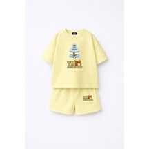 Fasardi Super Bear Adventure Süper Ayı Baskılı Oversize %100 Pamuk Kısa Kollu Unisex Çocuk T-shirt Limon