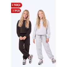 Fyk Kids 3 İplik Kız Çocuk Düz Kısa Bel Sweatshirt Bisiklet Yaka 2'li Eşofman Takımı Kahverengi-gri