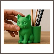 Bezos 3d Baskı Kedi Figürlü Kalemlik - Masaüstü Organizer - Yeşil Nxrlvng