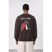 Respire Erkek Members Only Baskılı Oversize Sweatshirt Kahve