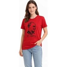 Kadın Atatürk Baskılı Tişört Kısa Kollu Bisiklet Yaka T-shirt - Kırmızı
