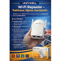Uniywell Wi-fi Repeater 300 Mbps Kablosuz Ağ Genişletici - Çift Antenli, Wps Destekli Sinyal Güçlendirici Menzil Arttırıcı