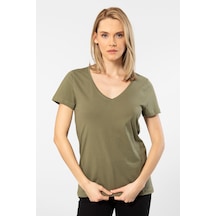 Wtshirt Milano Kısa Kol Derin V Yaka Kadın T-shirt Haki 001