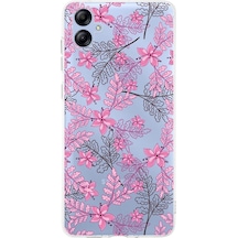 Samsung Uyumlu Galaxy A04e Kamera Korumalı Kapak Floral Pembe Tasarımlı Şeffaf Kılıf