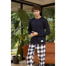 Kly 8058 Erkek Sıfır Yaka Ekose Uzun Kollu Pijama Takım Lacıvert
