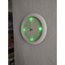 Fosforlu 3d Kalpli Beyaz Küçük 25 Cm Duvar Saati Fosforlu Küpe Zincirli Kolye Seti Beyaz