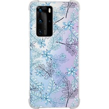 Huawei P40 Pro Uyumlu Köşe Korumalı Floral Mavi Tasarımlı Şeffaf Silikon Kılıf