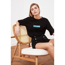 Blackjack Giyim Kadın Siyah Freedom Baskılı Tshirt Siyah