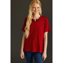 Desen Triko Kadın Açma Yaka Dantel Çiçek İşlemeli Penye T-shirt 24751 Bordo Bordo