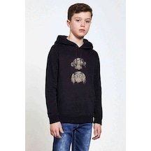Tshirthane Three Monkeys 3 Monkeys Baskılı Unisex Çocuk Kapüşonlu Sweatshirt Siyah