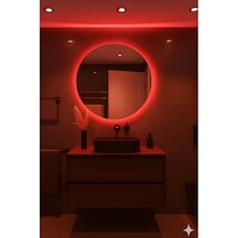 Digital Hayat Buğu Çözücü Dokunmatik Dimlenebilir Yuvarlak Ayna Kırmızı Işıklı Led Dekoratif Banyo Makyaj Aynası Kırmızı