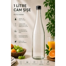 1 Adet Şerbetlik Siyah Plastik Kapaklı Cam Şişe 1 Litre Şeffaf Sürahi Süt, Ayran, Su, Limonata Meşrubat Şişesi