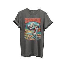 The Mountain Yazılı Dağ Manzarası Ve Şelale Baskılı %100 Pamuk Regular Fit Unisex T-shirt Gri