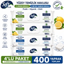 Soft Plus Yüzey Temizlik Havlusu Beyaz Sabun Ve Limon Kokulu 400 Yaprak 4'lü Set