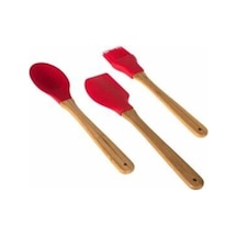 3'lü Bambu Saplı Silikon Kaşık Spatula Fırça Seti, Isıya Dayanıklı, Kırmızı Çok Renkli