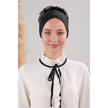 Tesettür Fırfırlı Çapraz Bone Siyah Siyah